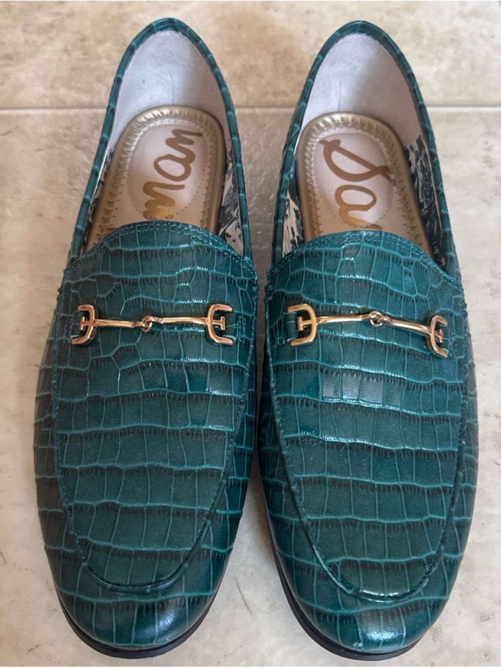 Sam Edelman Teal Croc-Embossed Leather  Loafers with Gold Bit